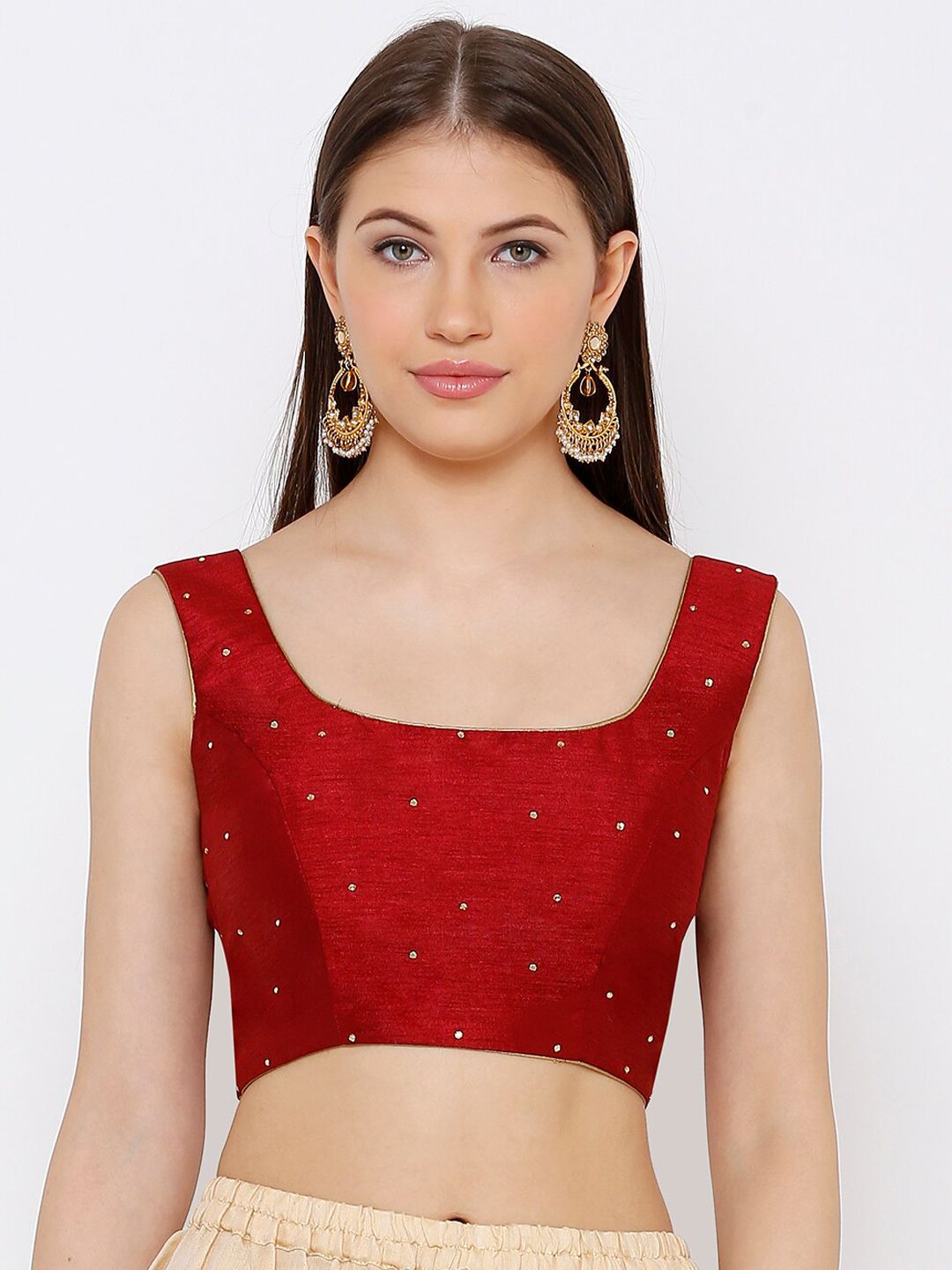 SALWAR STUDIO Women Maroon & Gold-Toned Embellished Readymade Saree Blouse Price in India