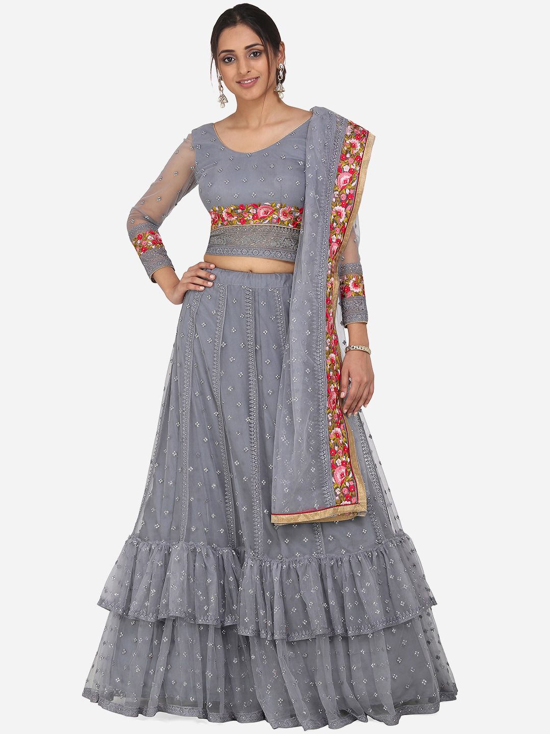 RIYA Grey Semi-Stitched Lehenga & Blouse with Dupatta