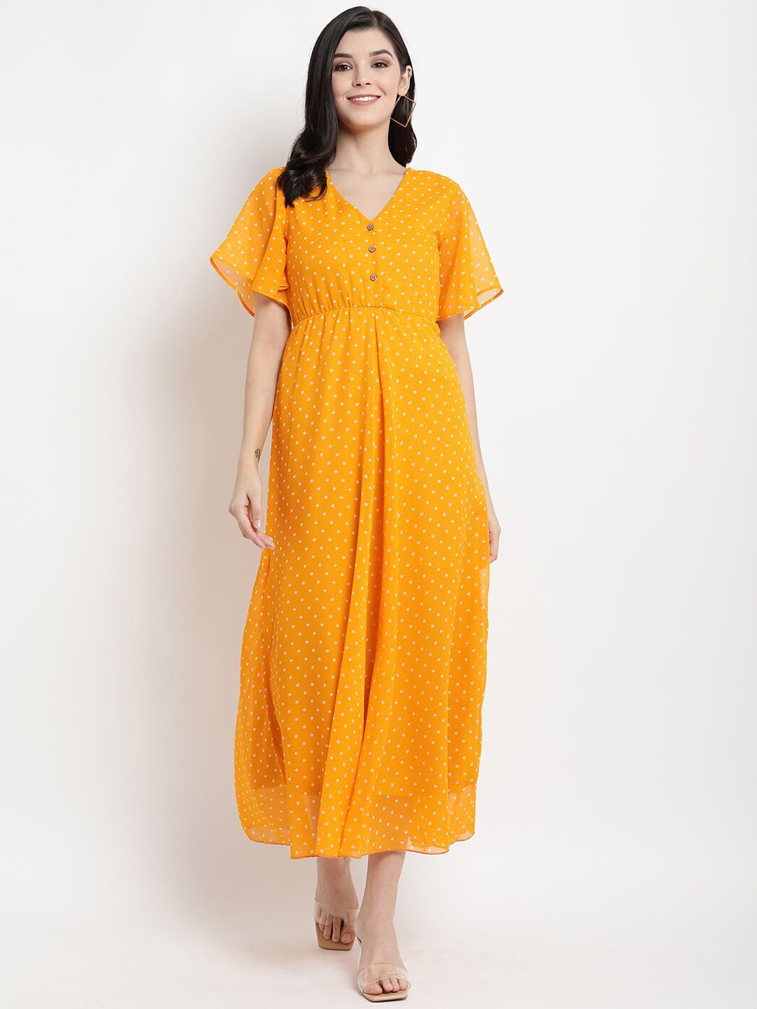 The Vanca Women Mustard Yellow & White Polka Dots Printed Fit and Flare Dress