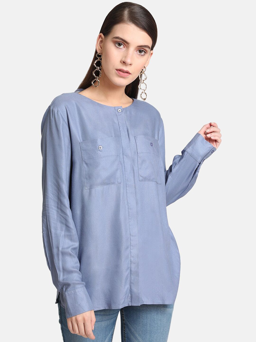 Kazo Women Blue Regular Fit Solid Casual Shirt