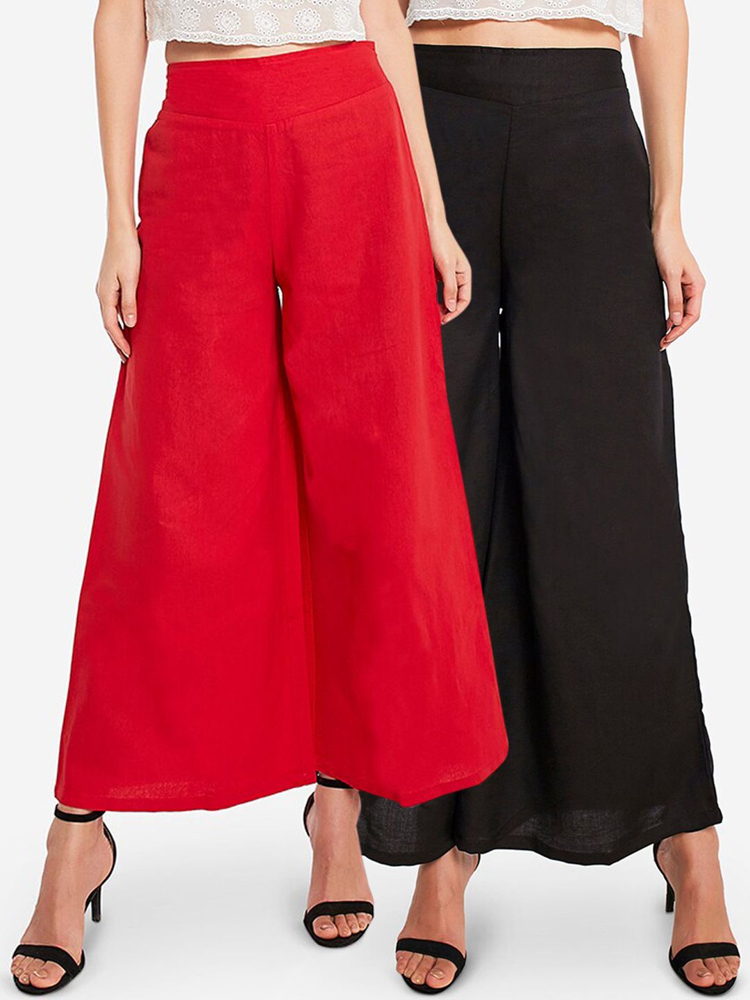 Desi Weavess Women Red & Black Pack of 2 Solid Wide Leg Palazzos Price in India