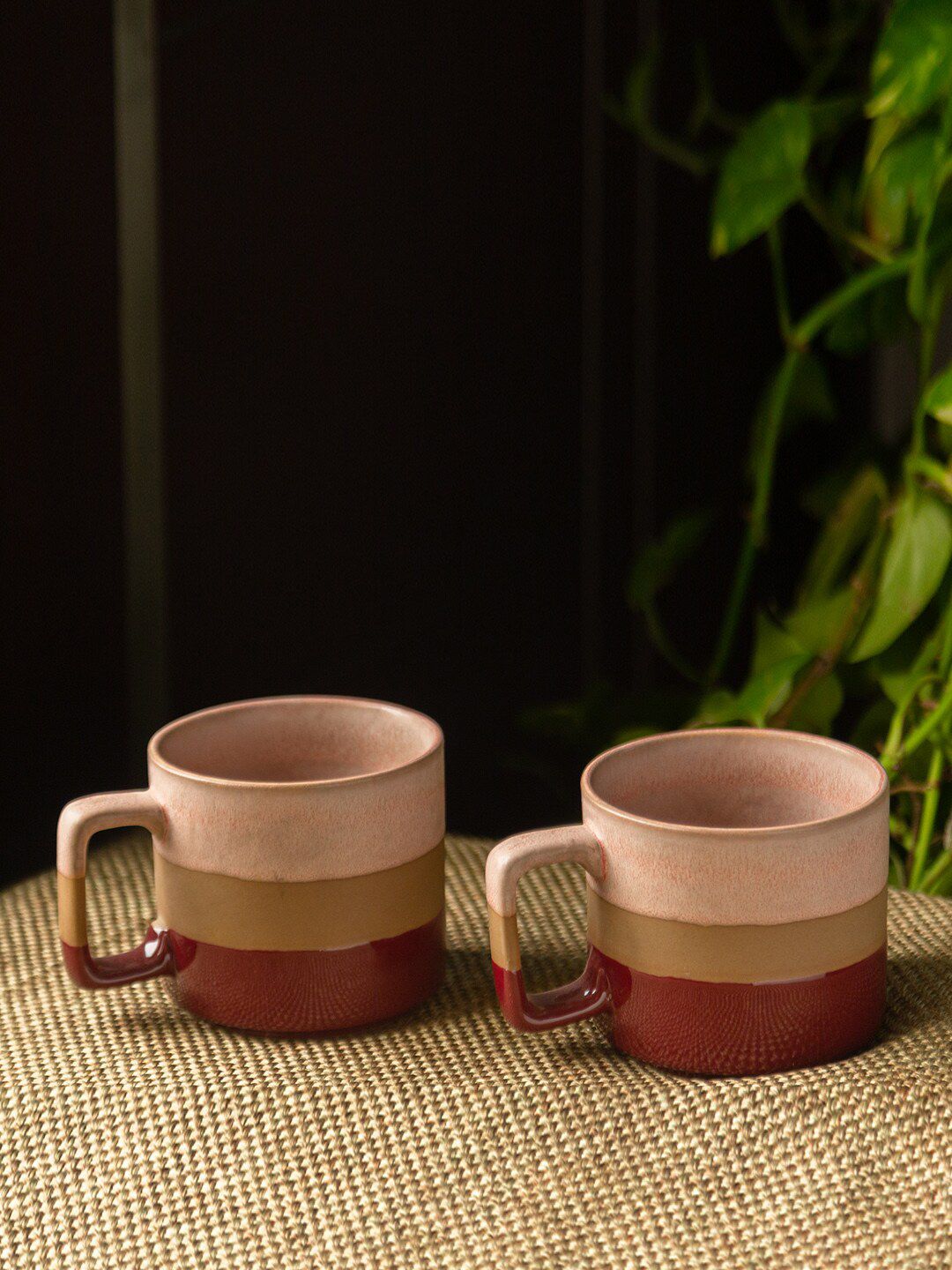 ExclusiveLane Peach-Coloured & Brown 2-Pieces Printed Ceramic Coffee Mugs Price in India