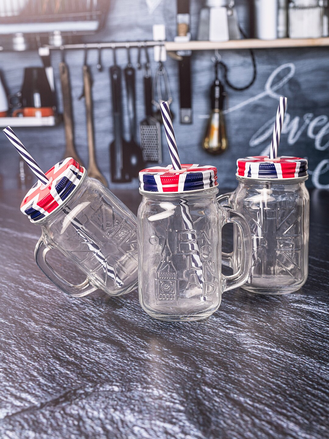 GOODHOMES Set Of 3 Transparent Glass Mason Jars With Lids & Straws Price in India