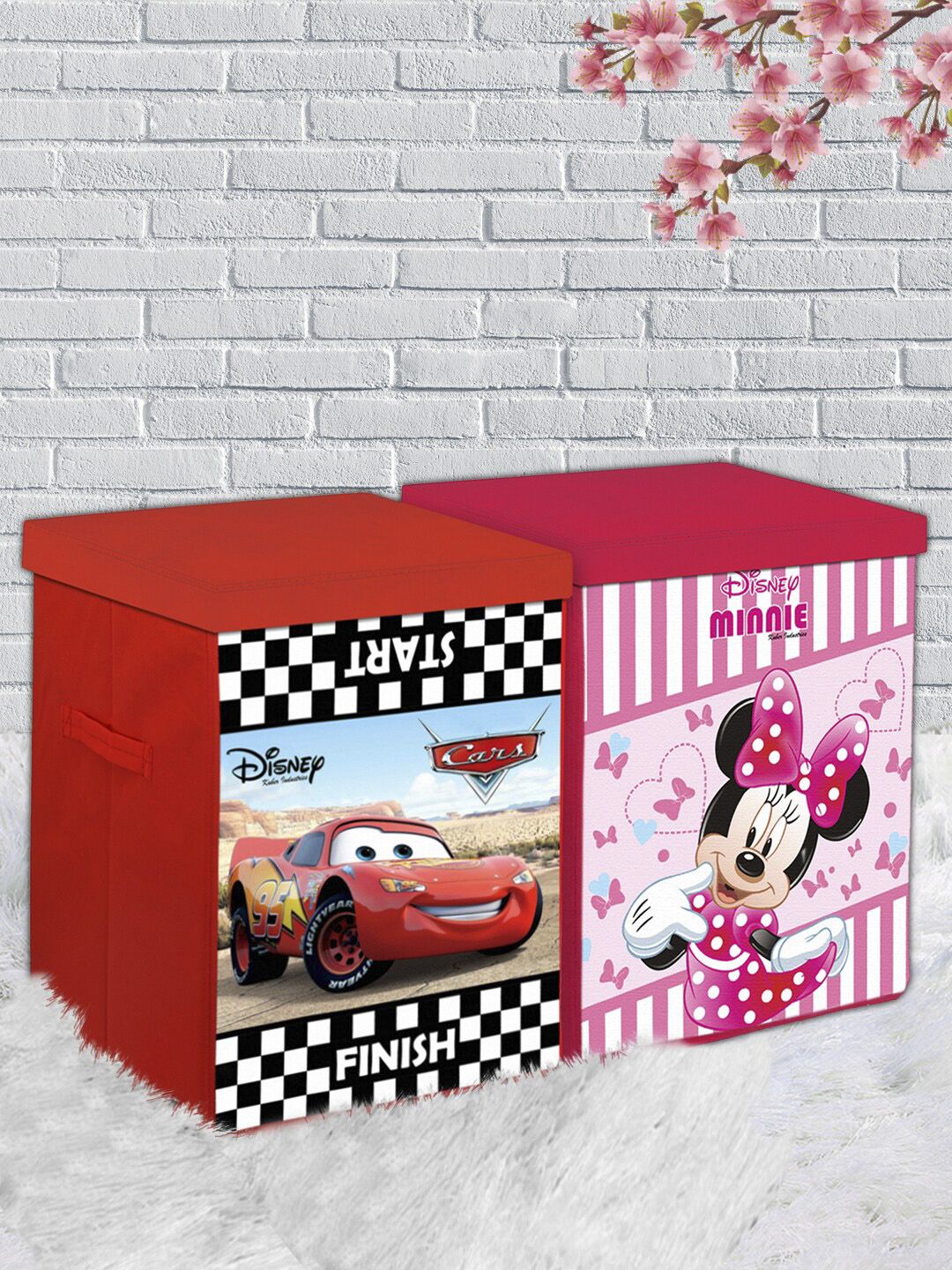 Kuber Industries Set Of 2 Disney Minnie & Cars Printed Foldable Sustainable Organisers With Lid Price in India