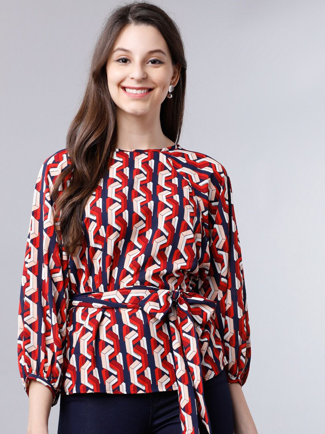 Tokyo Talkies Women Navy Blue & Red Printed A-Line Top