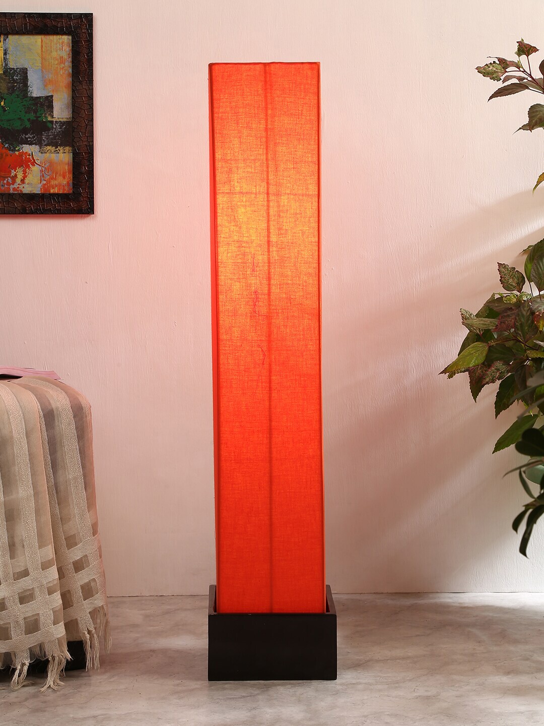 Devansh Orange Solid Cotton Square Wooden Column Lamp Price in India