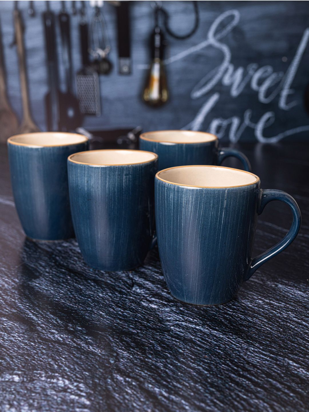 GOODHOMES Set Of 4 Navy Blue Solid Stoneware Mugs Price in India