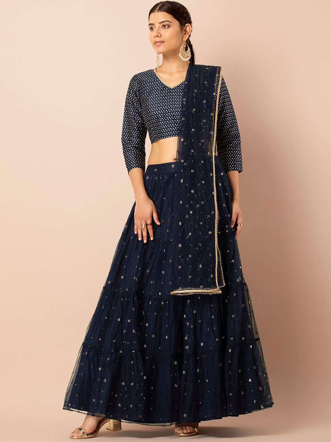 INDYA Navy Blue Embellished Mukaish Kingari Gota Mesh Dupatta Price in India