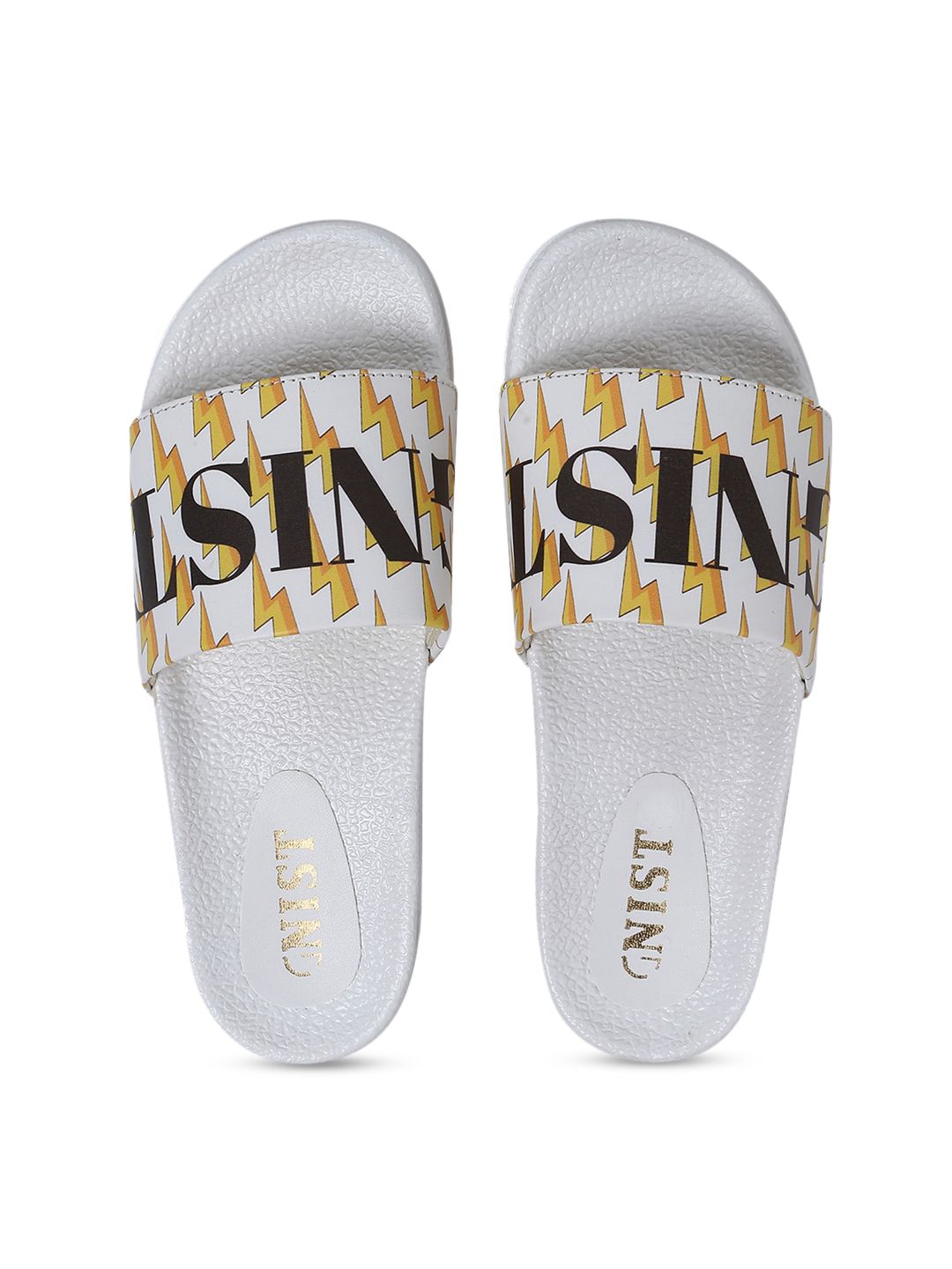 GNIST Women White & Yellow Printed Sliders Price in India