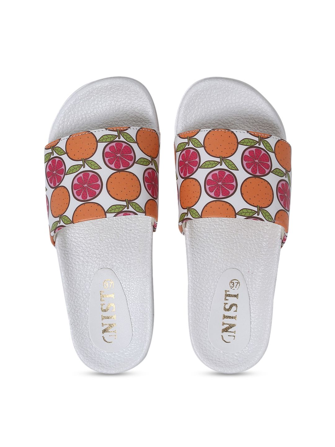 GNIST Women White & Orange Printed Sliders Price in India