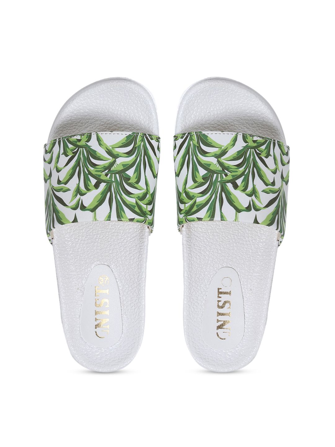 GNIST Women White & Green Printed Sliders Price in India