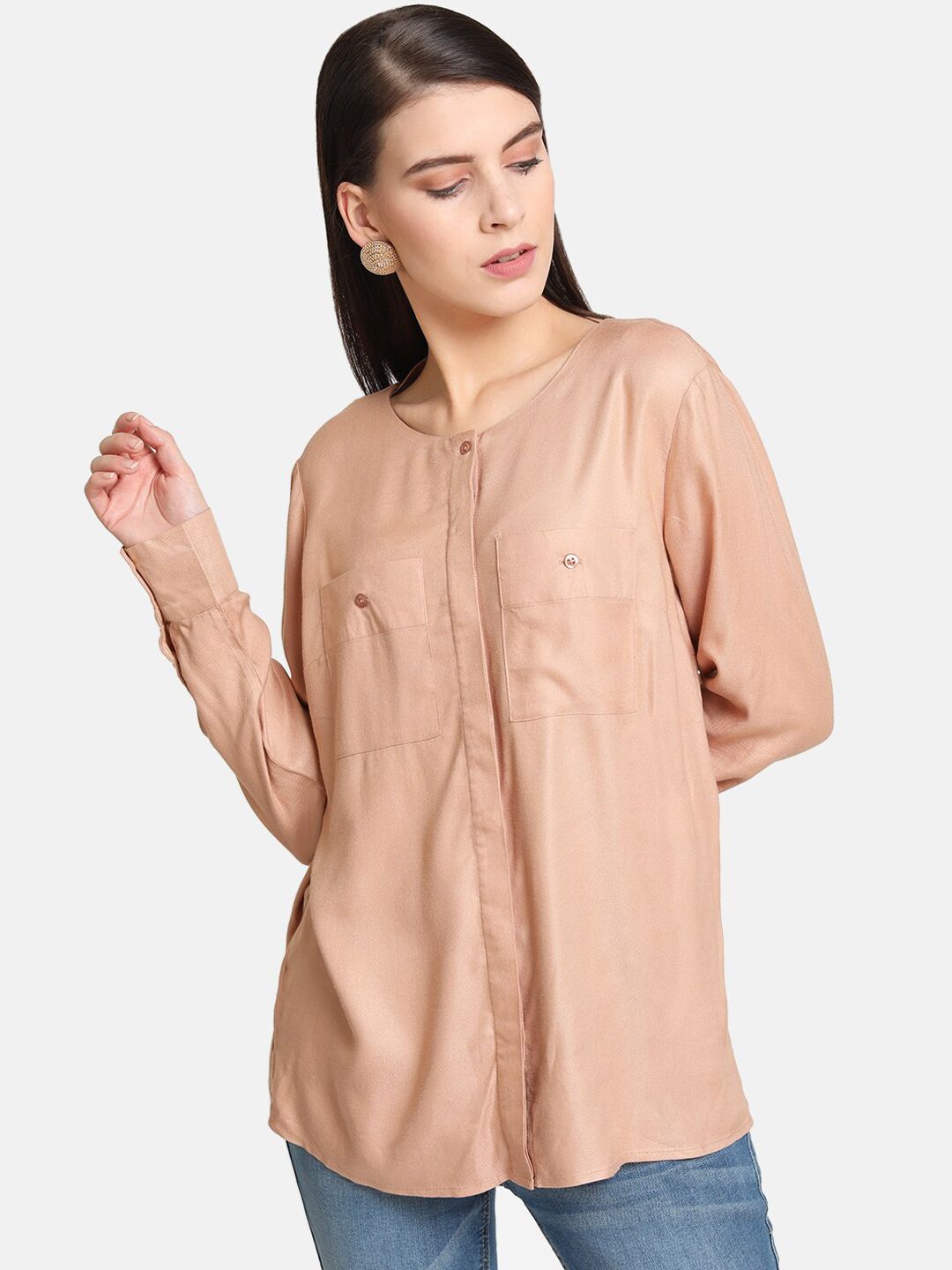 Kazo Women Beige Regular Fit Solid Casual Shirt