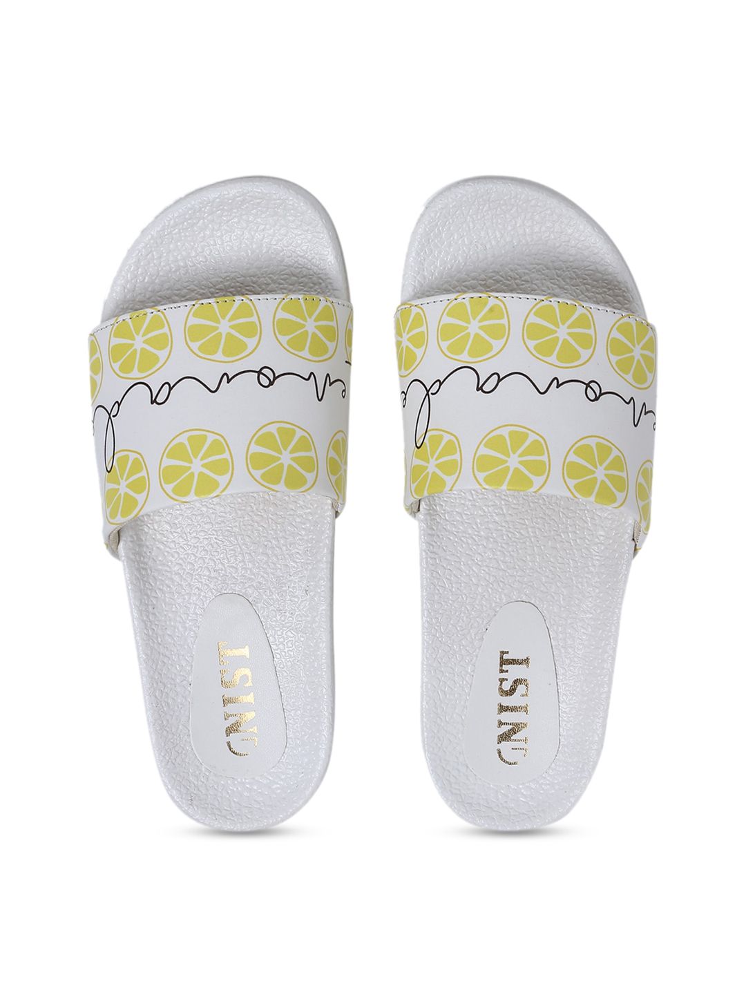 GNIST Women White & Yellow Printed Sliders Price in India