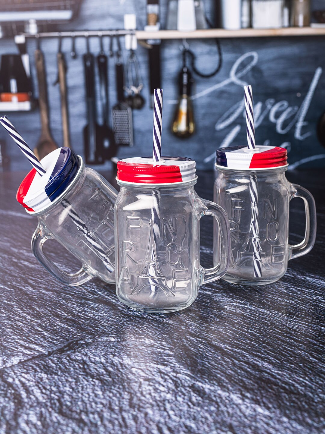GOODHOMES Set of 3 Transparent Solid Mason Jars with Metal Lid & Straw Price in India