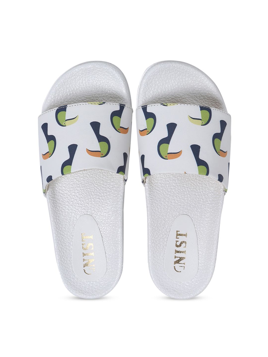 GNIST Women White Bird Printed Sliders Price in India