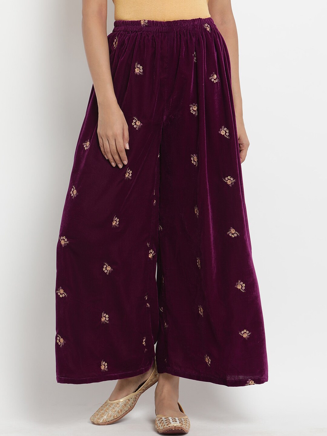 trueBrowns Women Burgundy Embroidered Wide Leg Palazzos Price in India