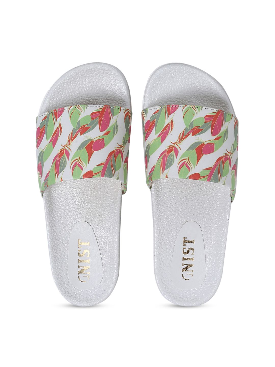 GNIST Women White & Green Feather Printed Sliders Price in India