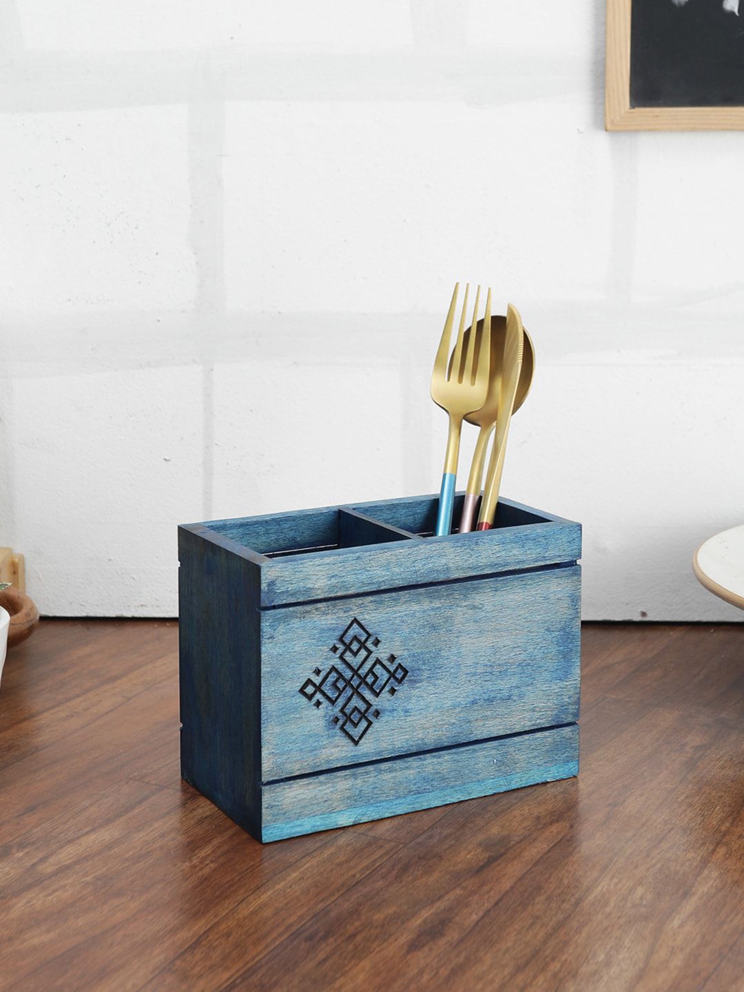 VarEesha Blue Hand-made Distress Blue Wooden Divided Spoon Holder/ Cutlery Organizer Price in India