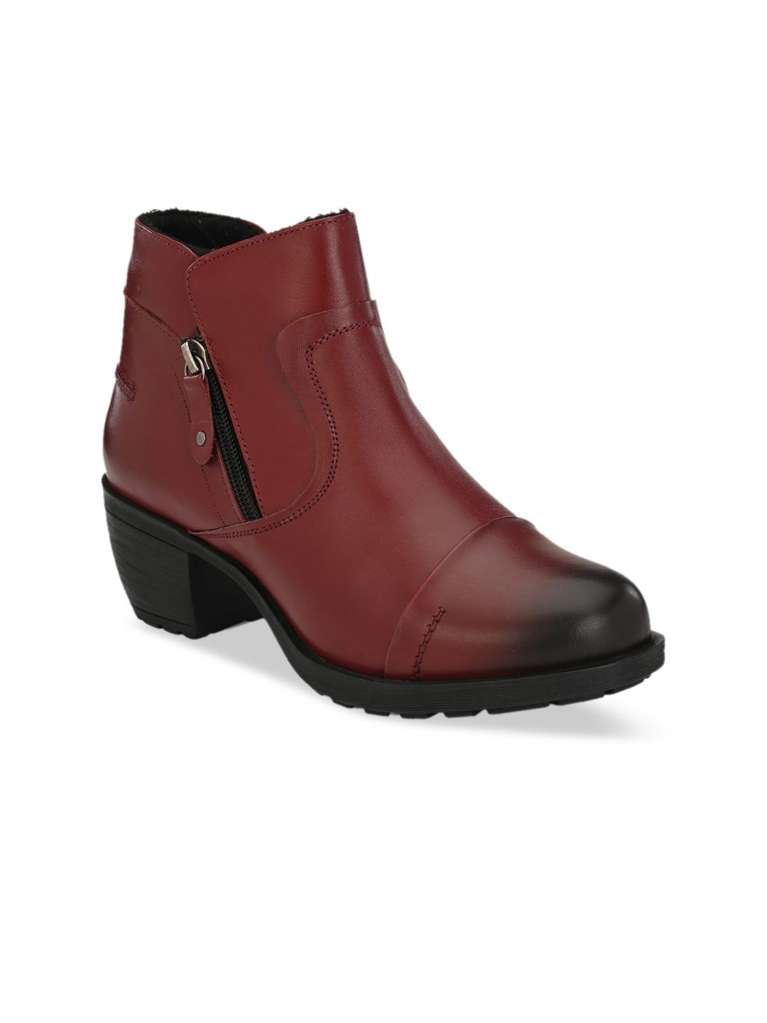 Delize Women Burgundy Solid Leather Heeled Chelsea Boots Price in India