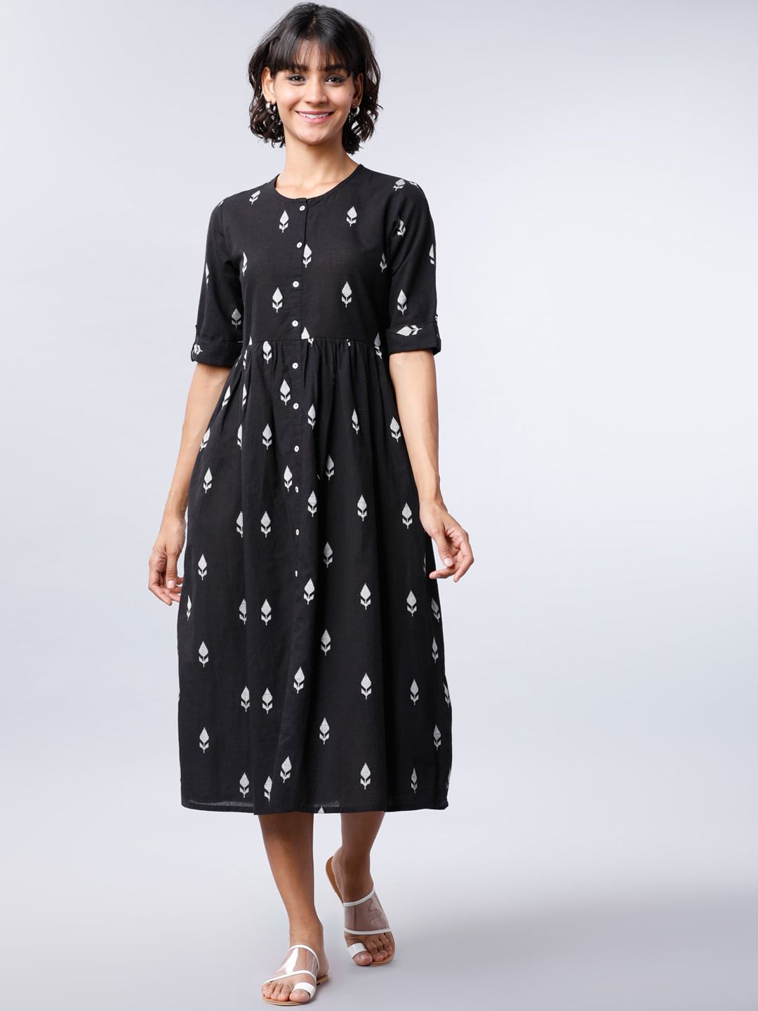 Vishudh Women Black Printed Fit and Flare Dress Price in India