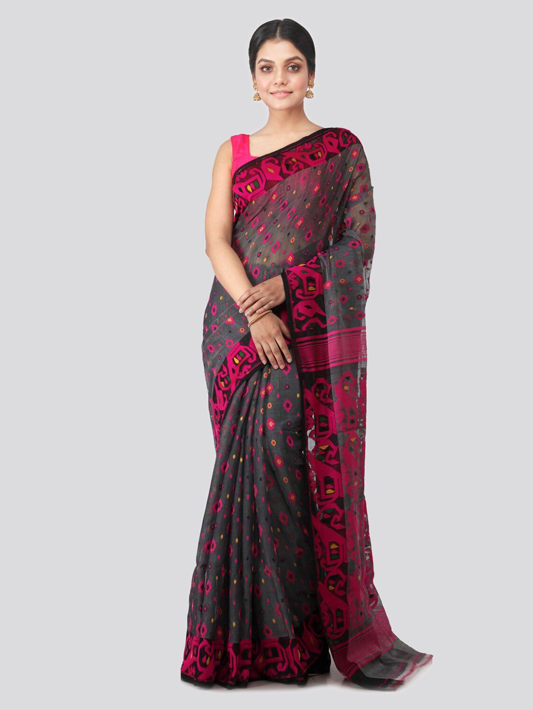PinkLoom Grey & Pink Pure Cotton Woven Design Jamdani Sustainable Saree Price in India