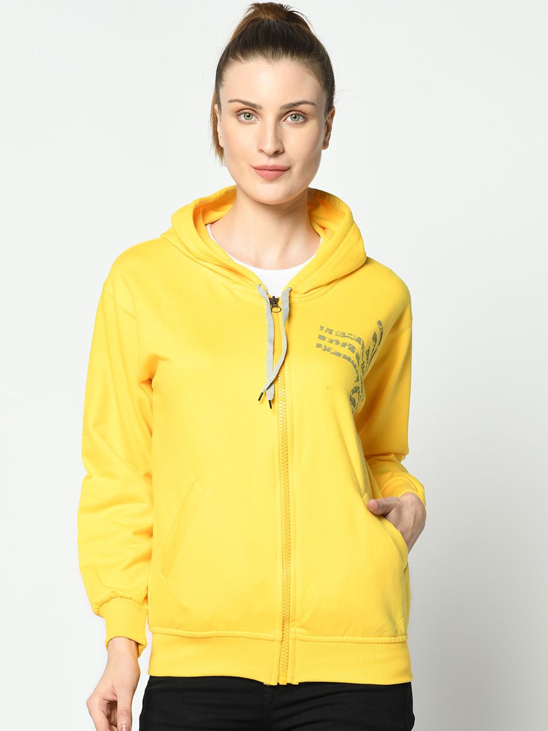 VIMAL JONNEY Women Yellow & Grey Printed Hooded Sweatshirt Price in India