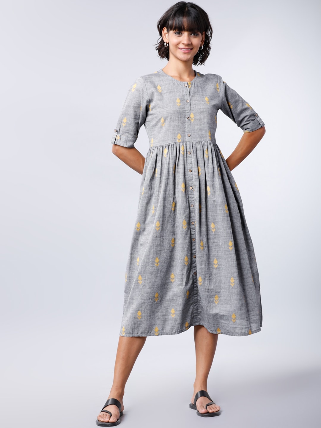 Vishudh Women Grey Printed Fit and Flare Dress Price in India