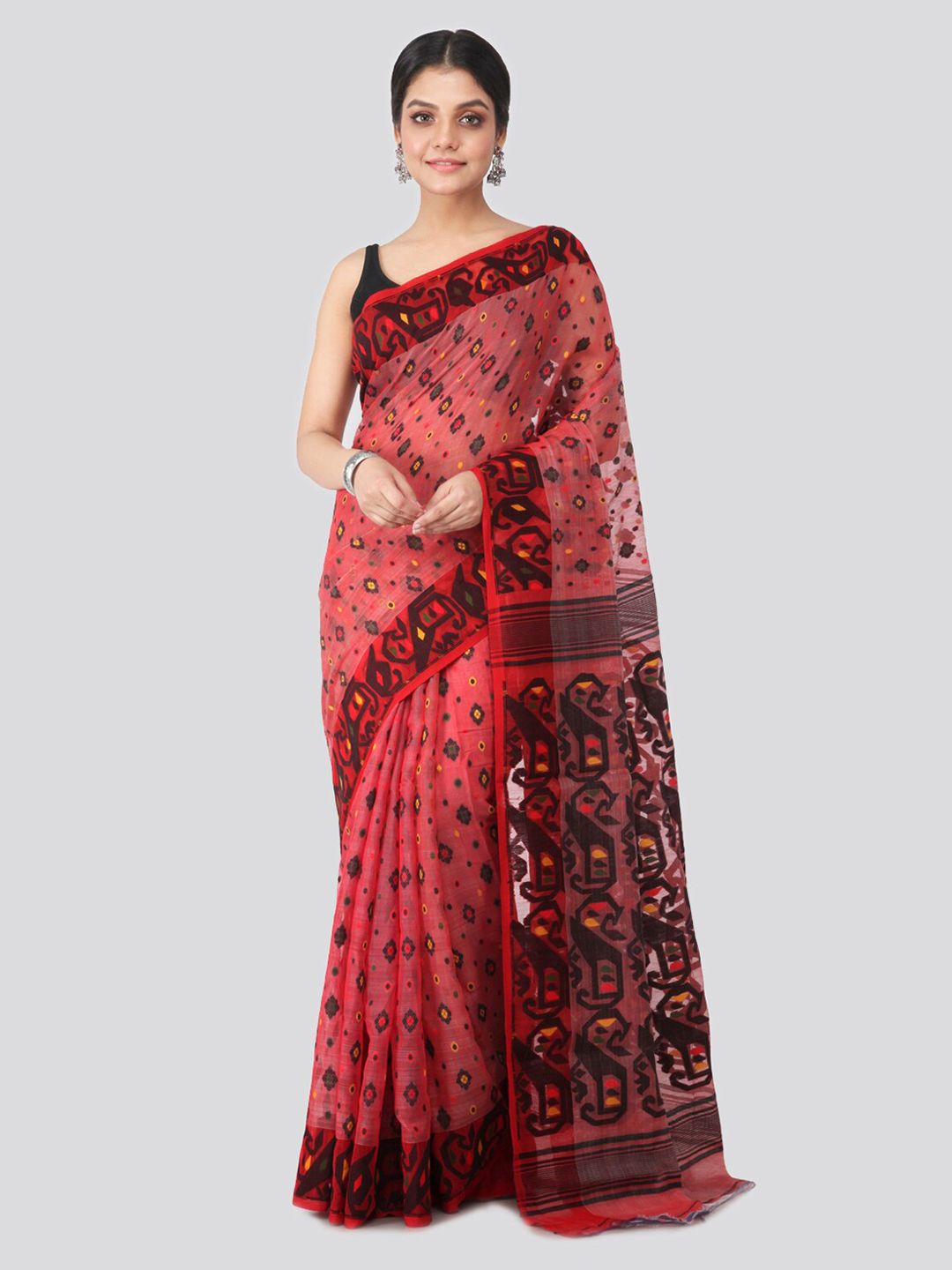 PinkLoom Red & Black Pure Cotton Woven Design Handloom Jamdani Sustainable Saree Price in India