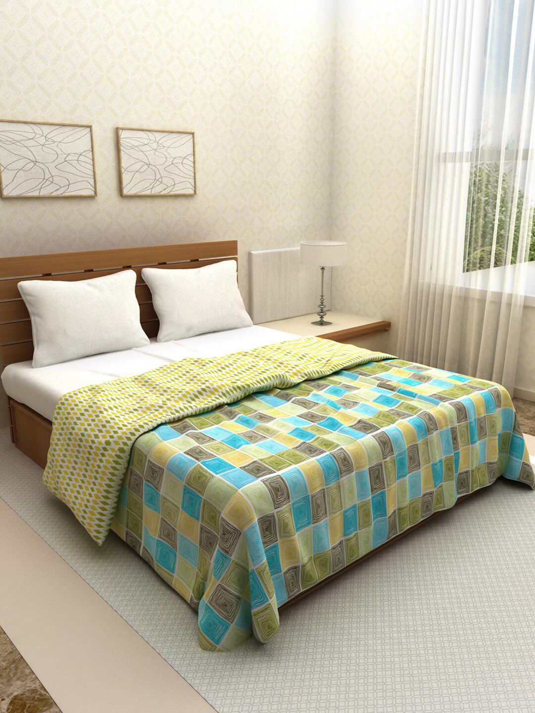 ROMEE Green & Yellow Checked AC Room 210 GSM Double Bed Comforter Price in India