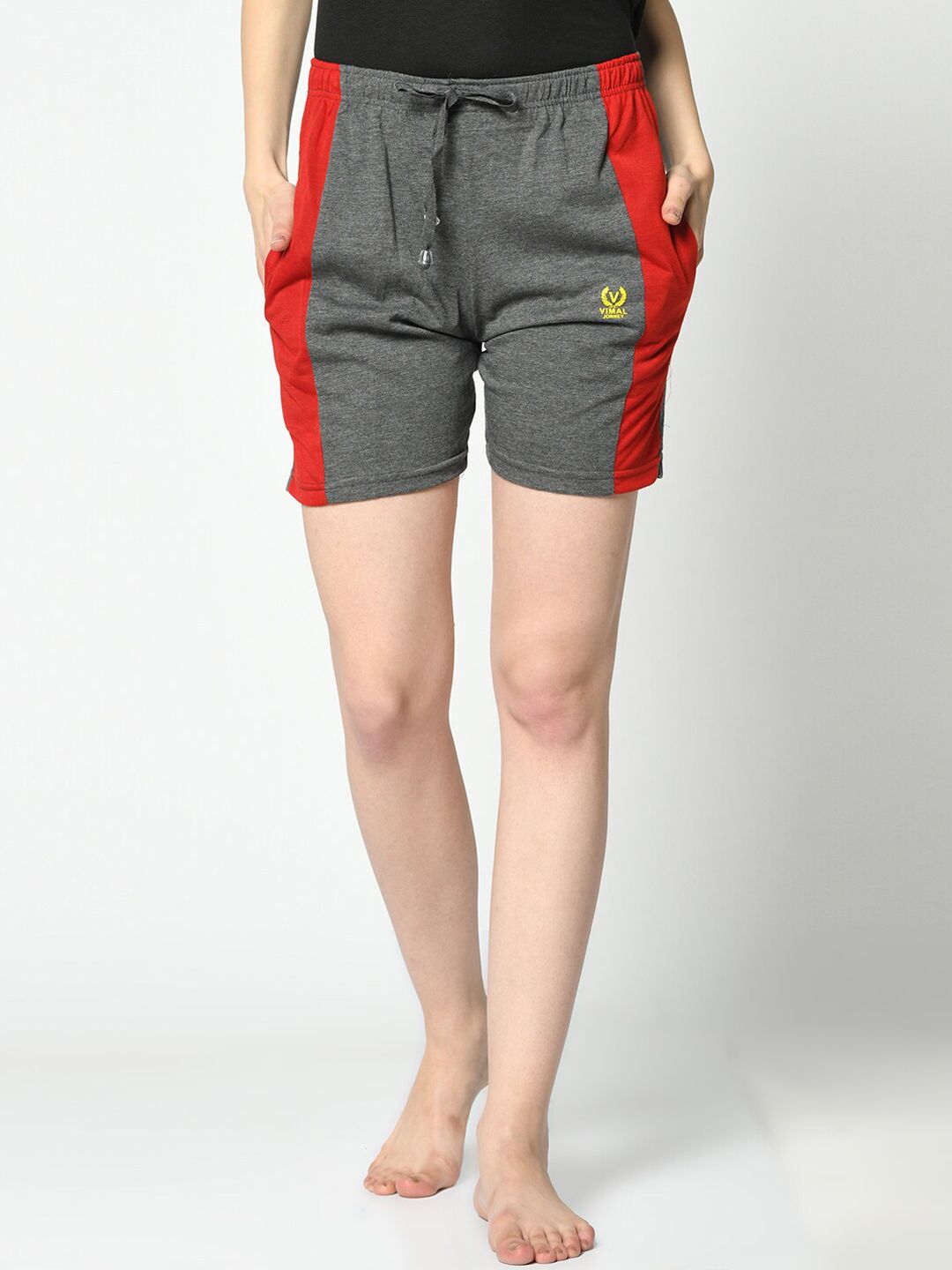 VIMAL JONNEY Women Grey & Red Solid Lounge Shorts Price in India