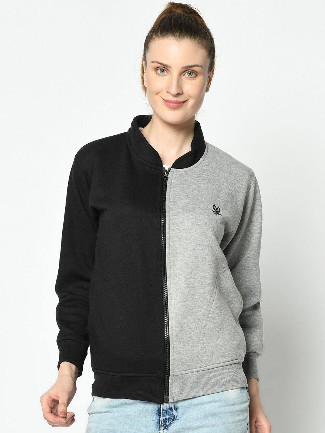 VIMAL JONNEY Women Black & Grey Melange Colourblocked Sweatshirt Price in India