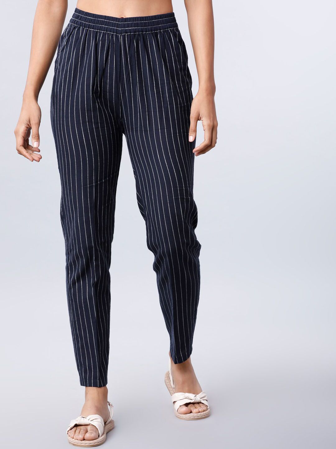 Vishudh Women Navy Blue & Off-White Regular Fit Striped Regular Trousers Price in India