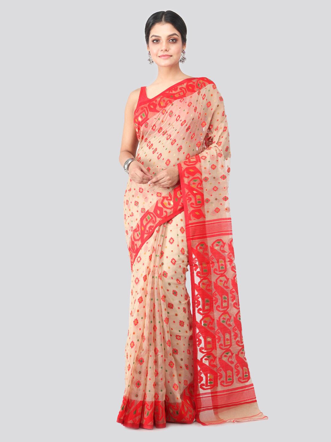 PinkLoom Beige & Red Pure Cotton Woven Design Handloom Jamdani Sustainable Saree Price in India