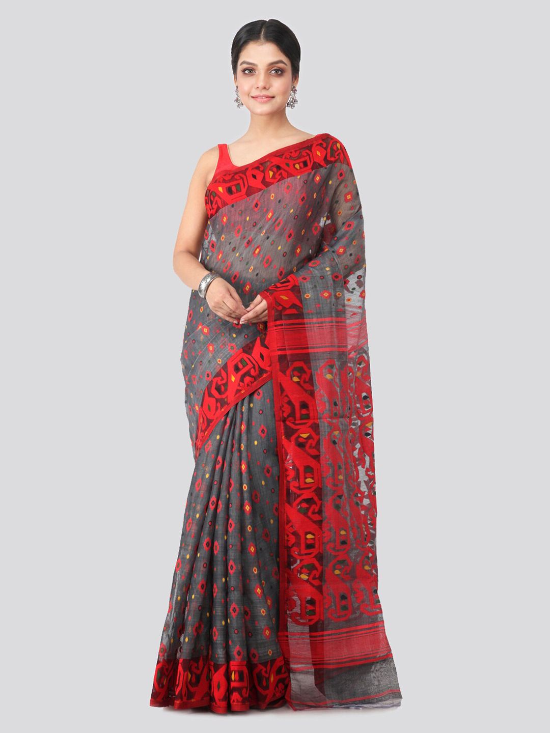PinkLoom Grey & Red Pure Cotton Woven Design Jamdani Sustainable Saree Price in India