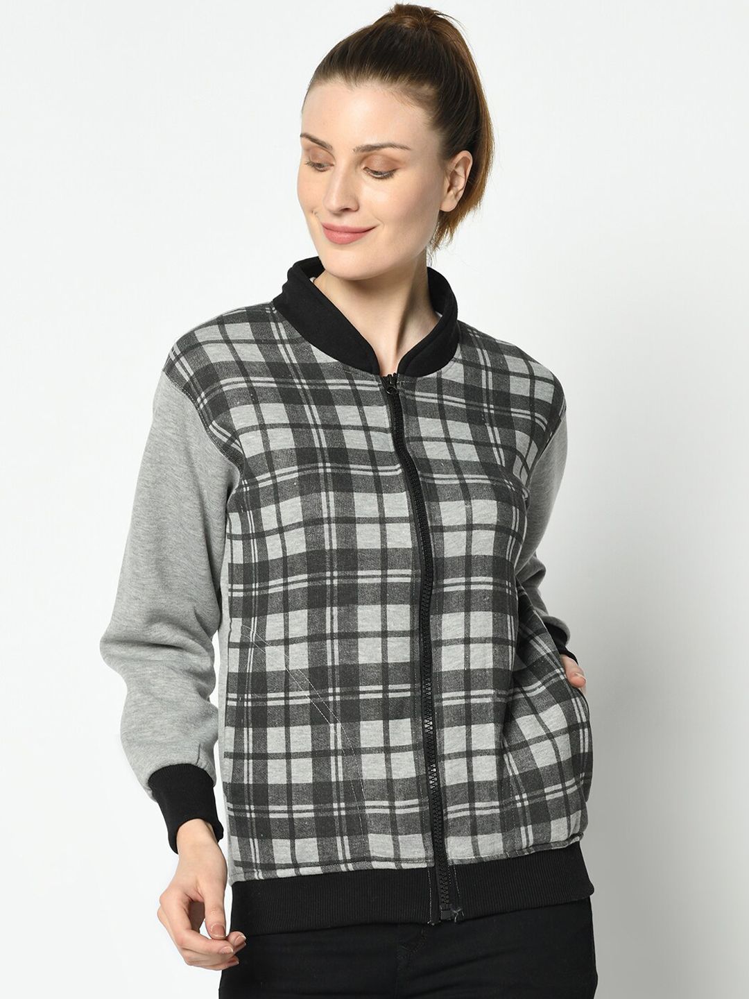 VIMAL JONNEY Women Grey Melange & Black Checked Sweatshirt Price in India