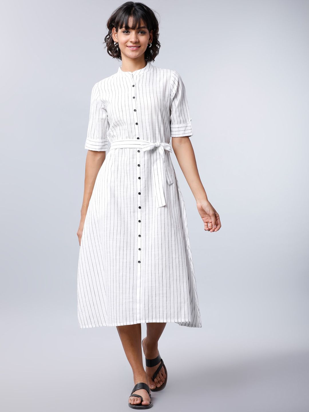 Vishudh Women White & Black Striped Shirt Dress Price in India