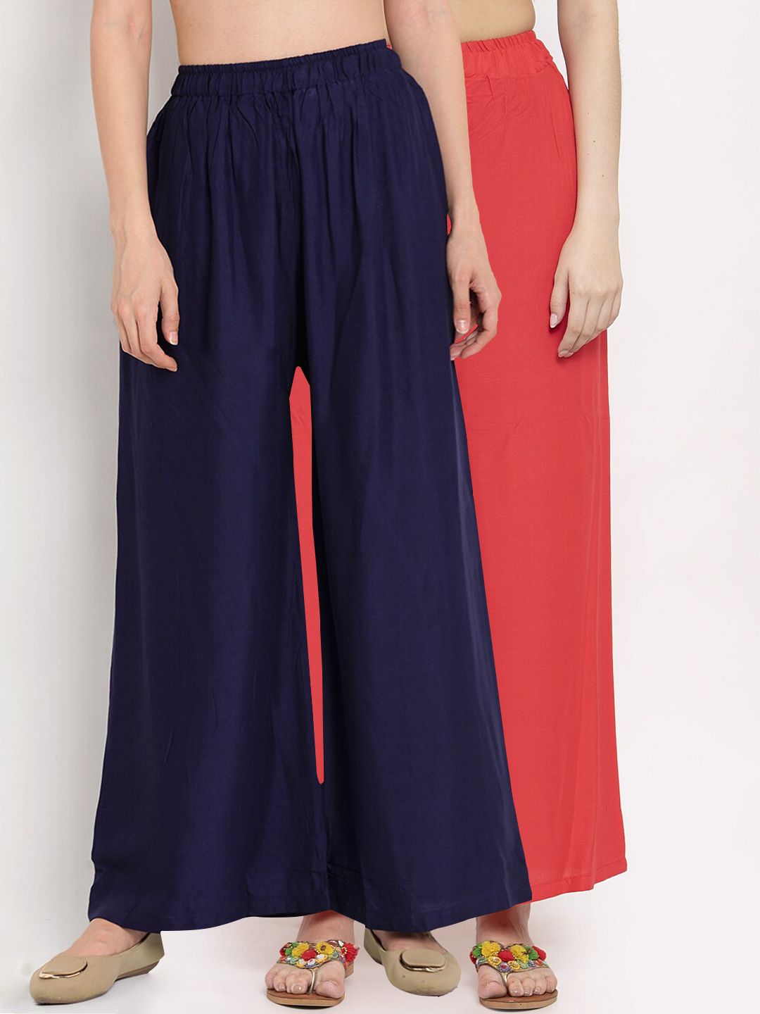 TAG 7 Women Coral & Navy Blue Solid Wide Leg Palazzos Price in India