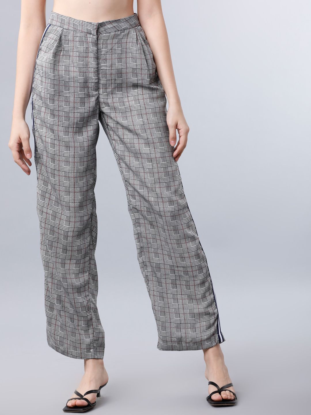 Tokyo Talkies Women White & Black Regular Fit Checked Parallel Trousers Price in India
