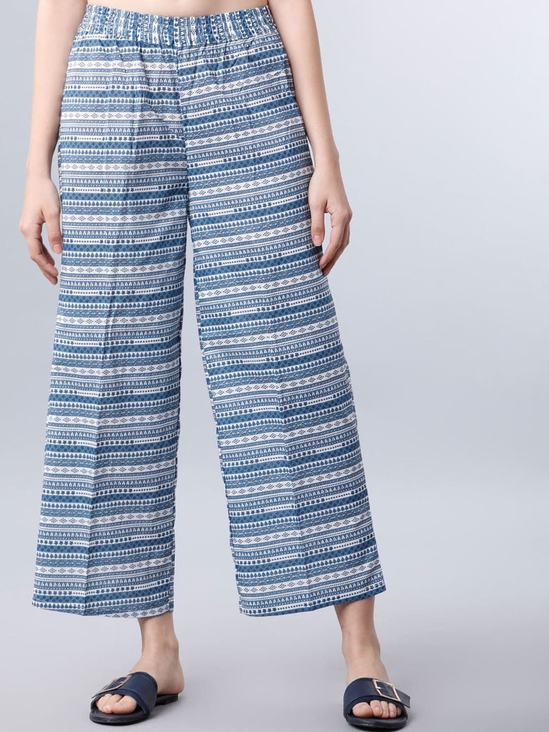 Vishudh Women Blue & Off-White Printed Straight Palazzos Price in India