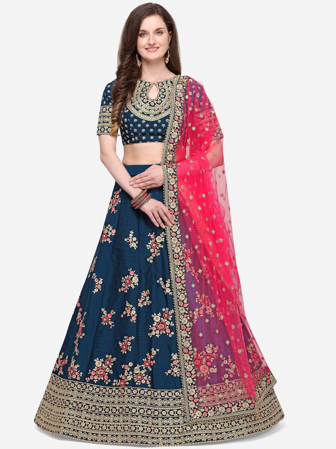 NAKKASHI Blue & Pink Embroidered Semi-Stitched Lehenga & Unstitched Blouse with Dupatta