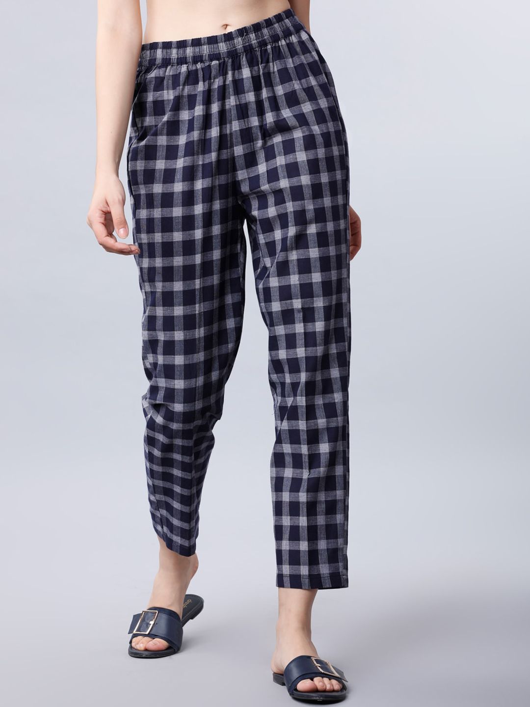 Vishudh Women Navy Blue Slim Fit Checked Trousers Price in India