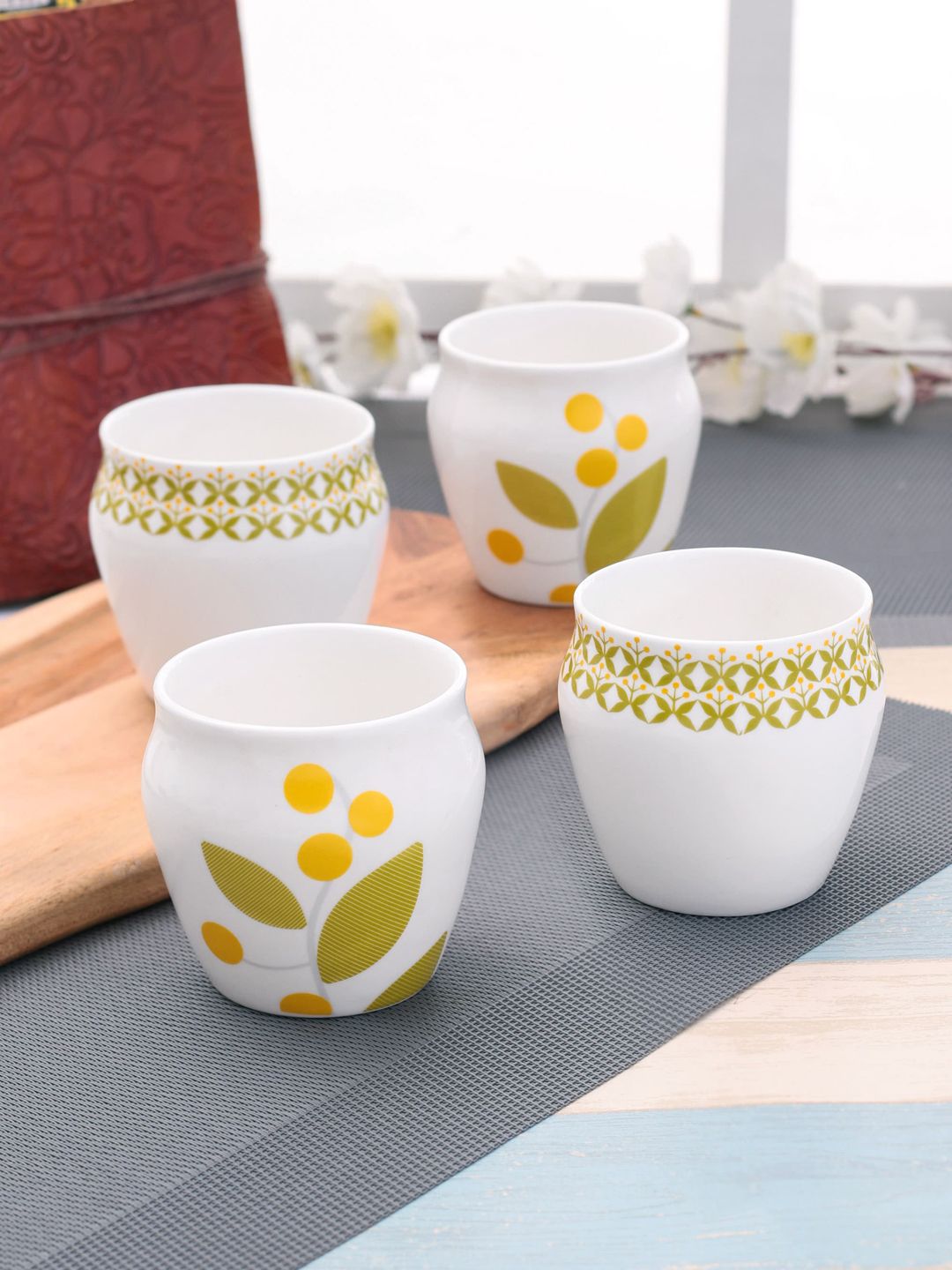 CLAY CRAFT 4-Pieces Green & White Floral Printed Ceramic Kulladhs Set 240ml each Price in India