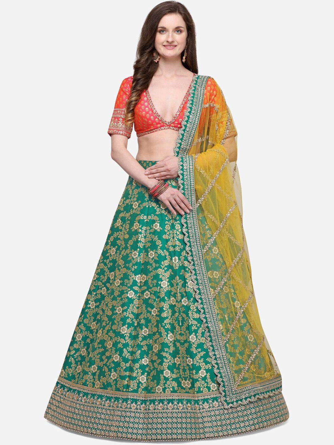 NAKKASHI Green & Yellow Woven Design Semi-Stitched Lehenga & Unstitched Blouse with Dupatta