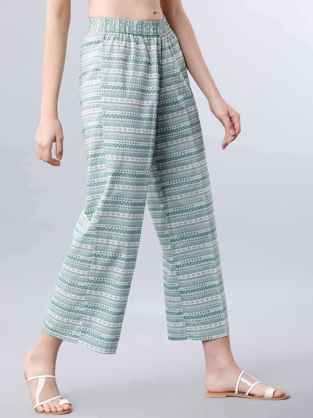 Vishudh Women Green & Off-White Checked Straight Palazzos Price in India