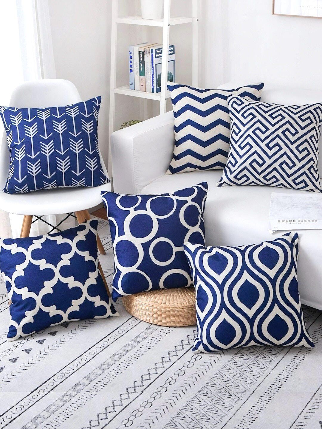 MODERN HOMES Navy Blue & White Set of 6 Geometric Square Cushion Covers Price in India