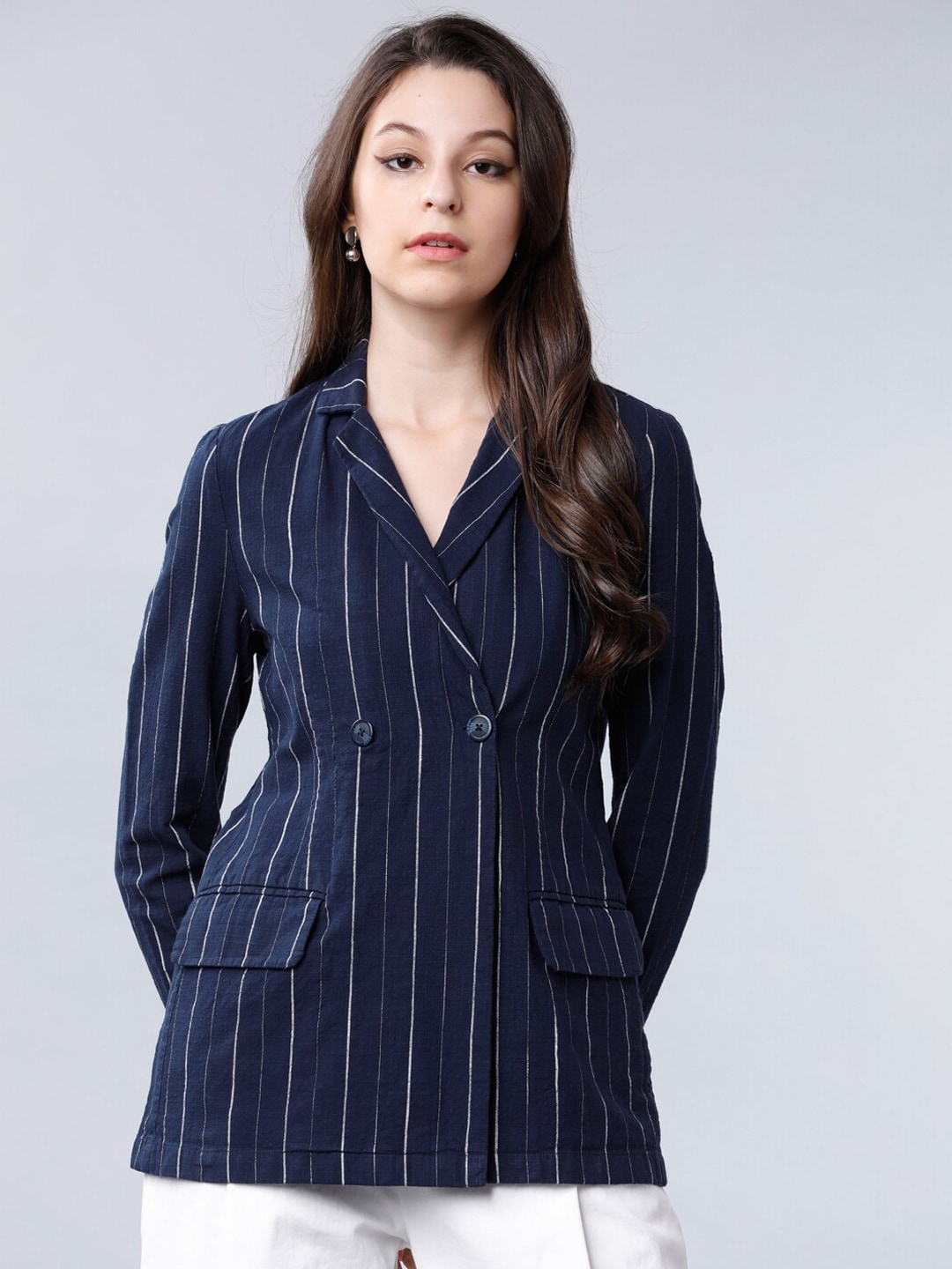 Tokyo Talkies Women Navy Blue Striped Double-Breasted Casual Pure Cotton Blazer Price in India