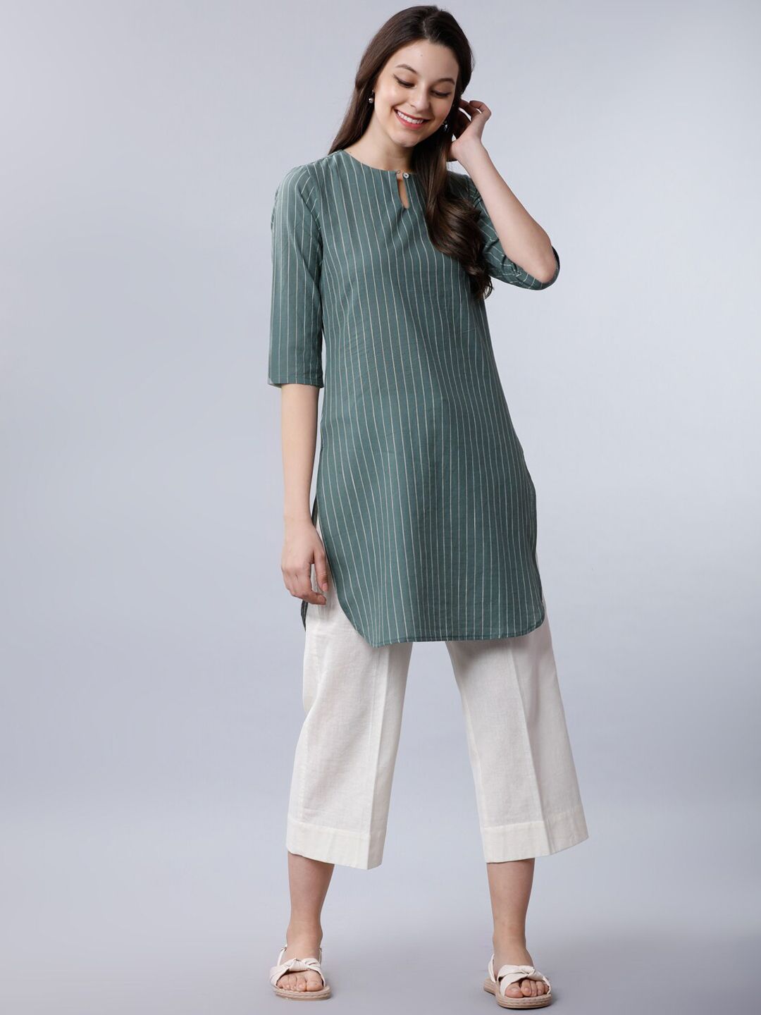 Vishudh Women Olive Green & Off-White Striped Tunic Price in India