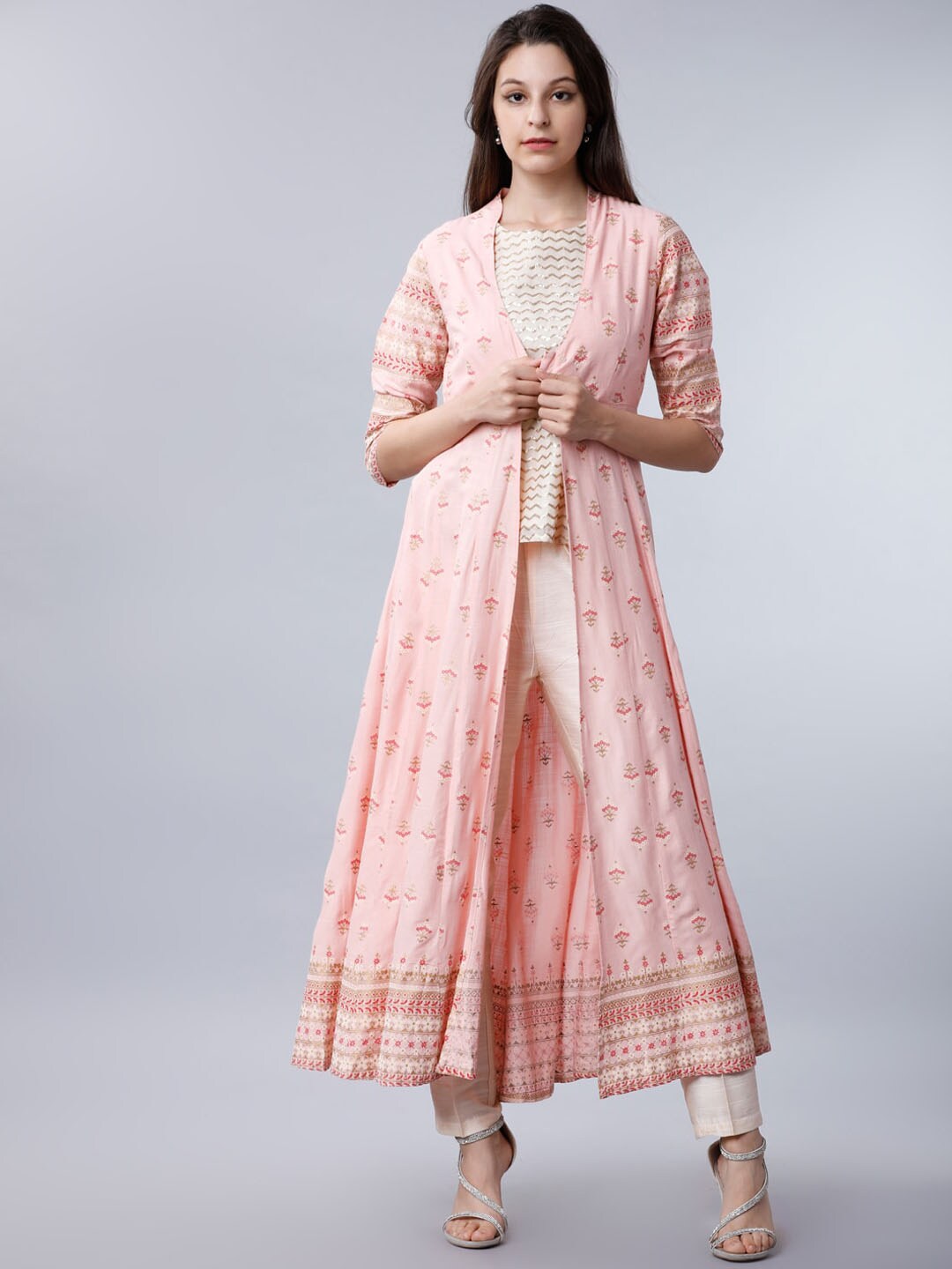Vishudh Women Pink Printed Open Front Jacket Price in India