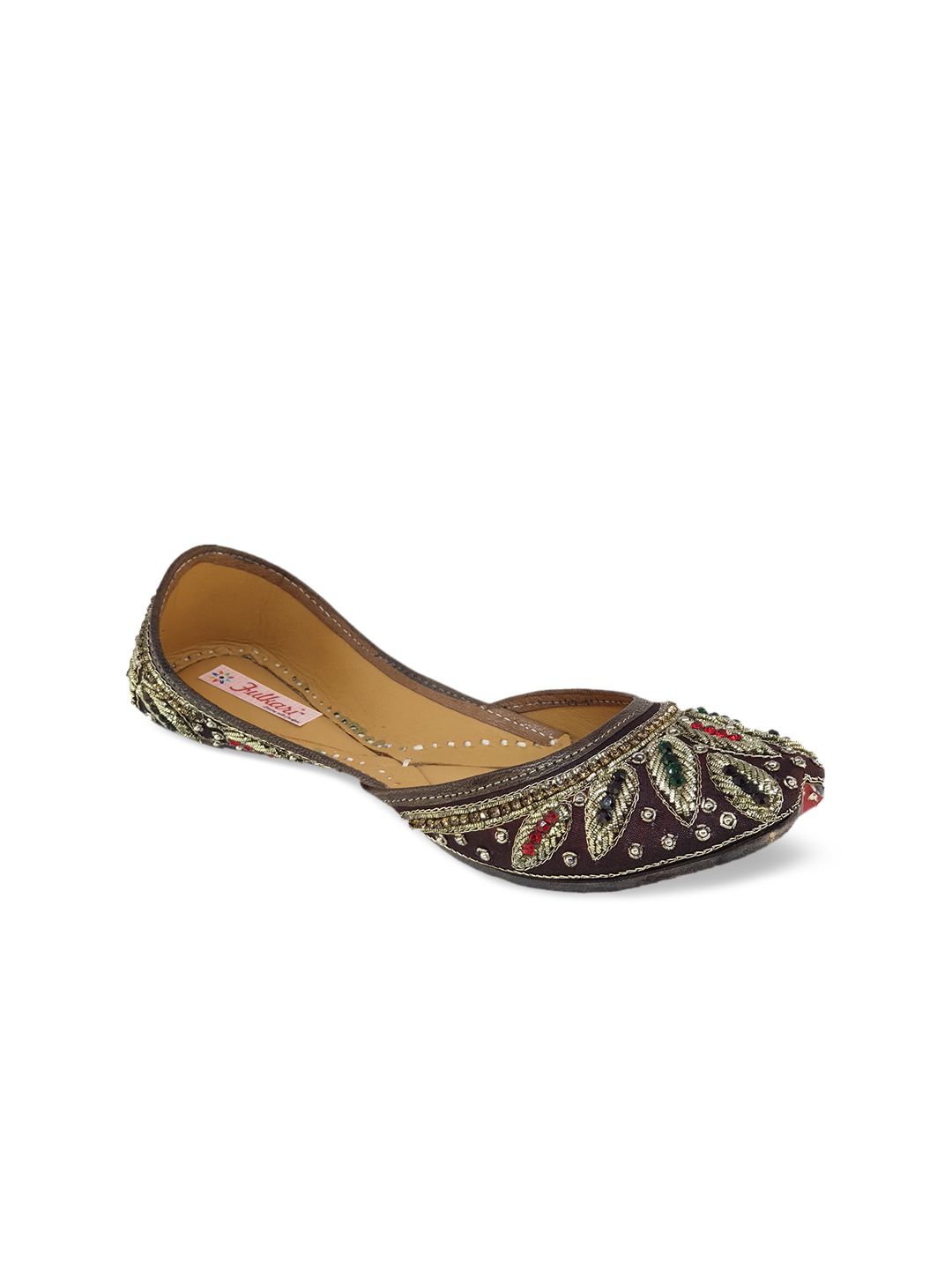 Fulkari Women Maroon Embellished Leather Mojaris