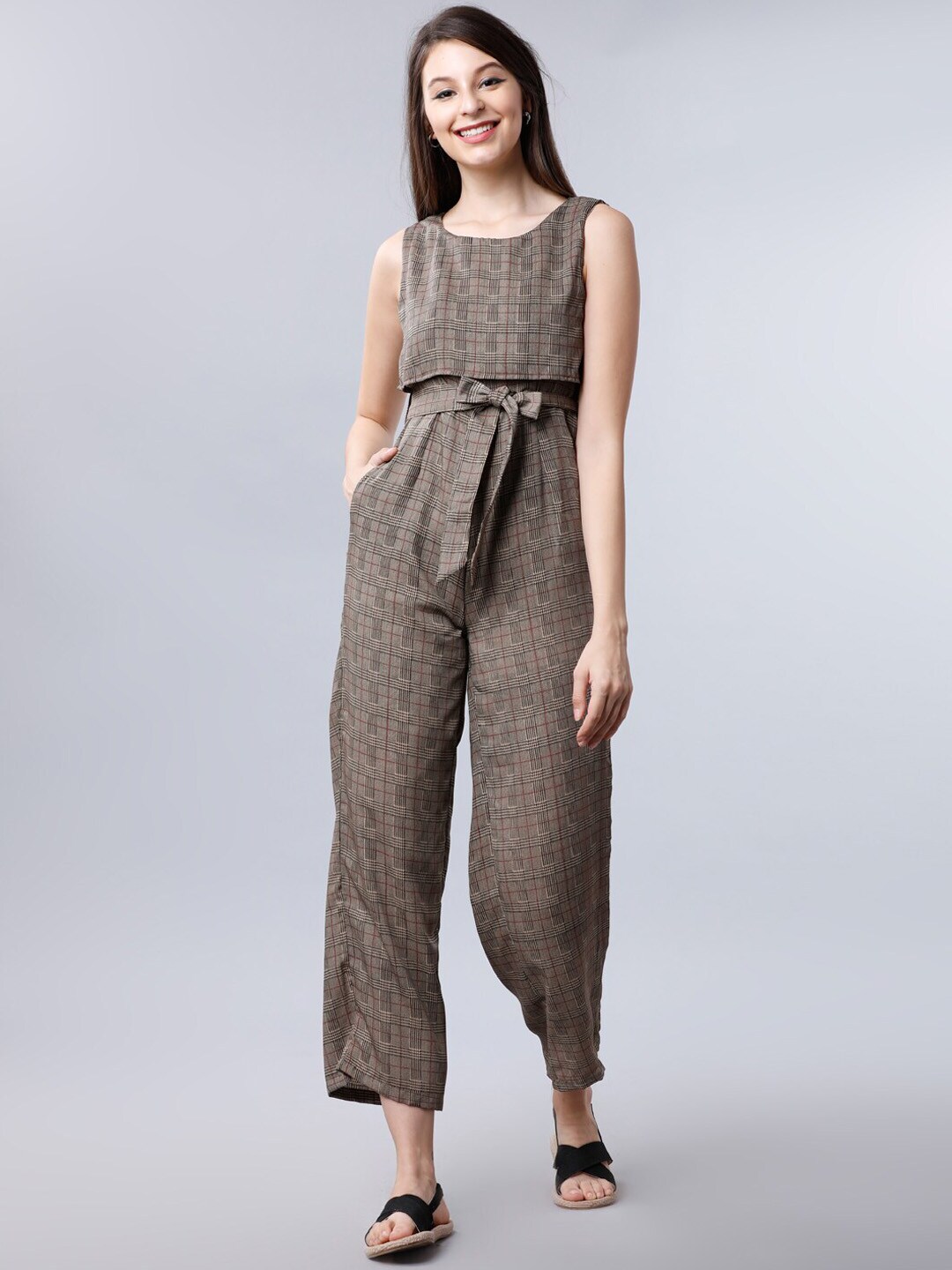 Tokyo Talkies Women Brown Checked Basic Jumpsuit Price in India